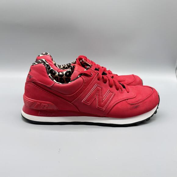 New Balance Shoes Womens 7.5 Red White 574 Leather Leopard Print Casual Sneakers - Picture 1 of 12